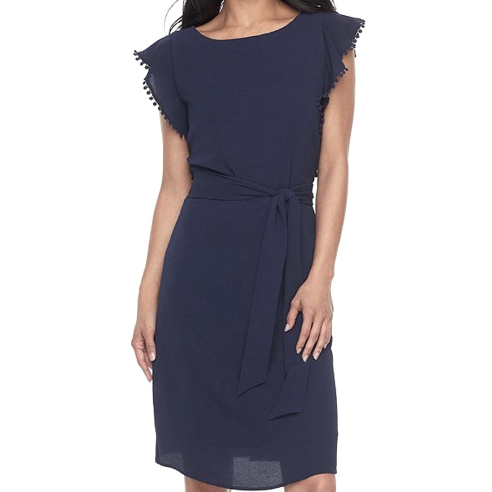 Elle NWT Black Pom Pom Trim Ruffle Sleeve Sheath Belted Waist Dress Size Small